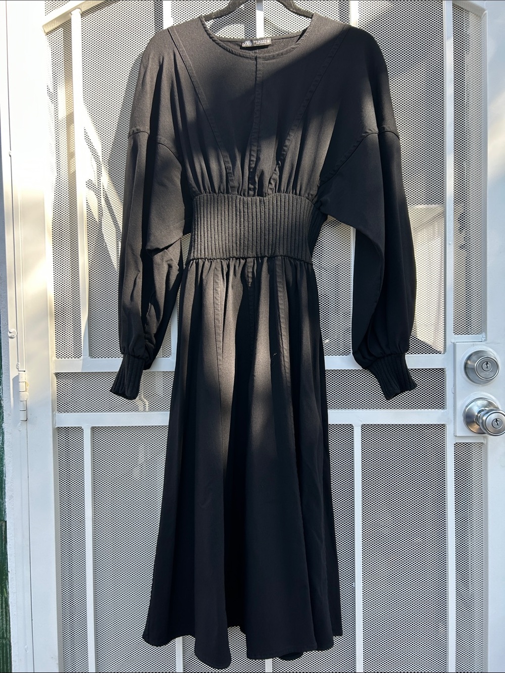 Black Smocked-Waist Long Sleeve Dress
